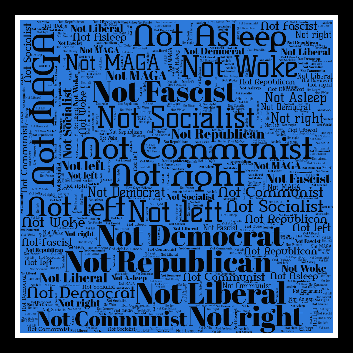 Word cloud in a Square shape with 11 words like Not left, Not right and Not Democrat in black, blue and white.