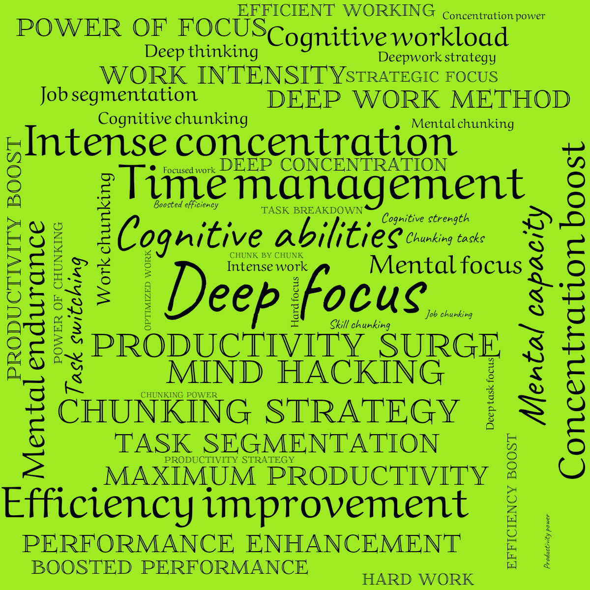 Word cloud with 50 words like Deep focus, Productivity surge and Cognitive abilities in black and green.