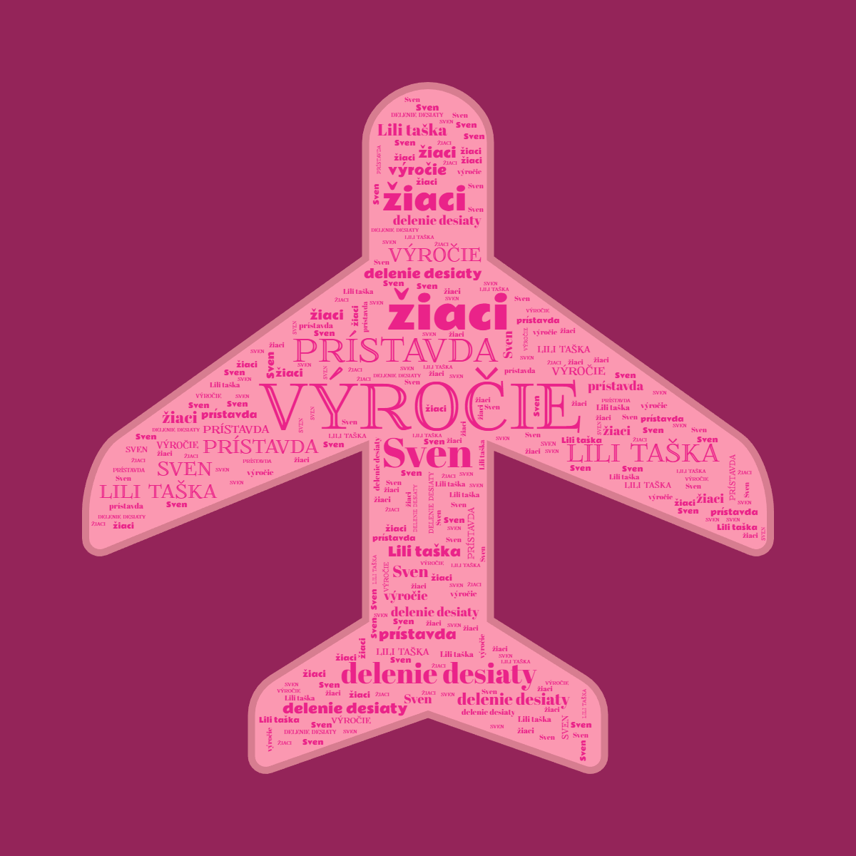 Word cloud in an Aeroplane shape with 6 words like výročie, prístavda and žiaci in pink and red.