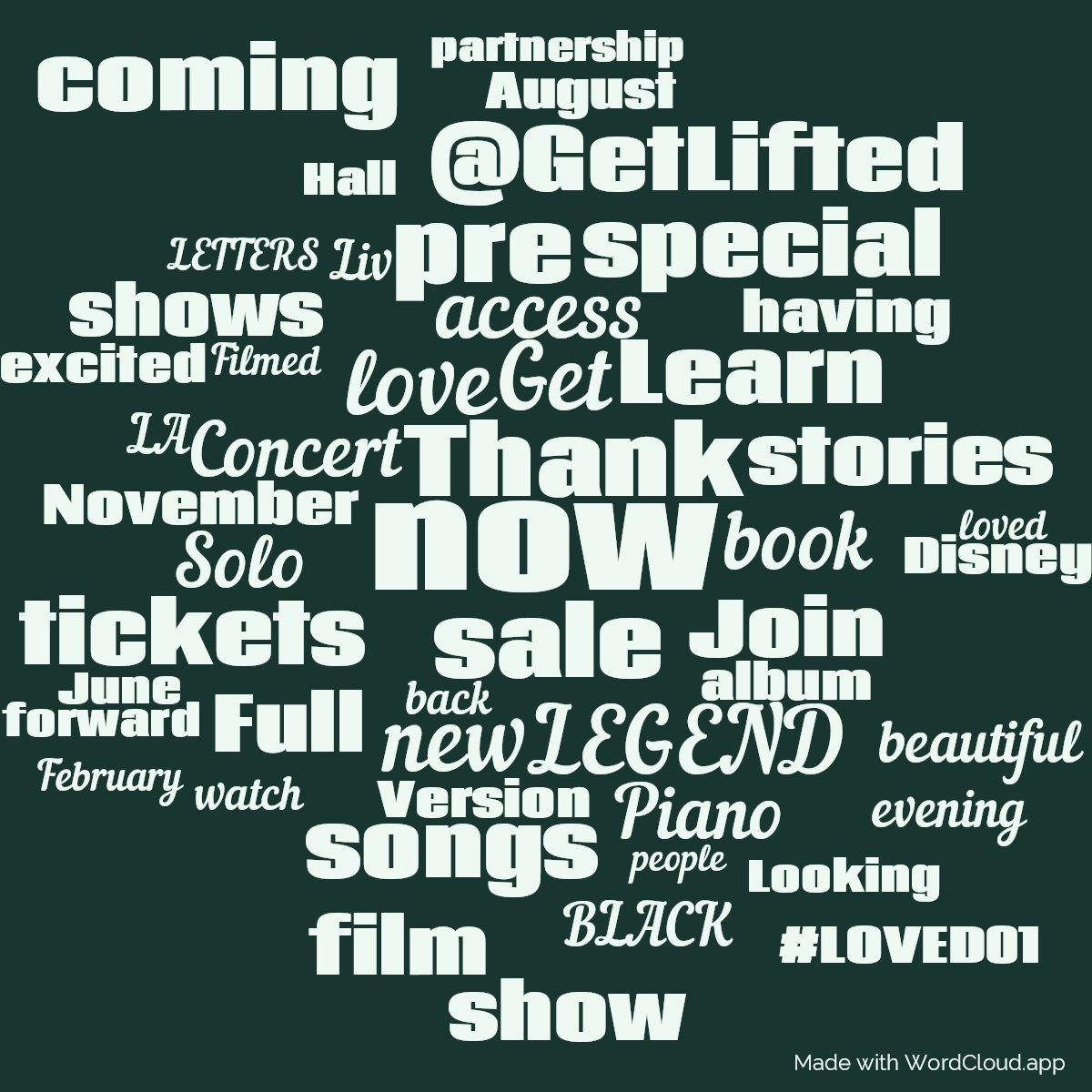 Word cloud with 50 words like now, sale and Thank in green.