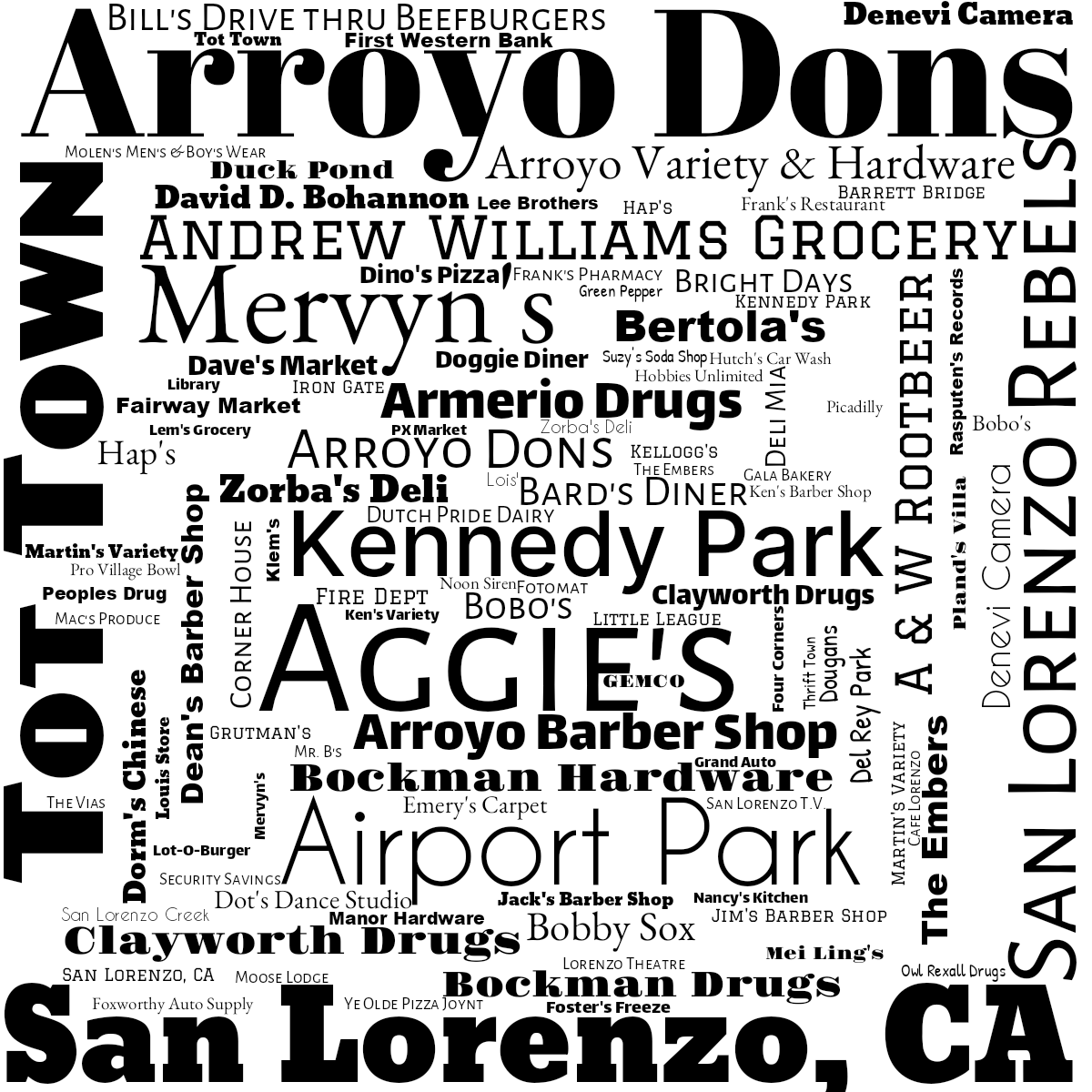 Word cloud with 121 words like Aggie's , Airport Park and Andrew Williams Grocery in black.