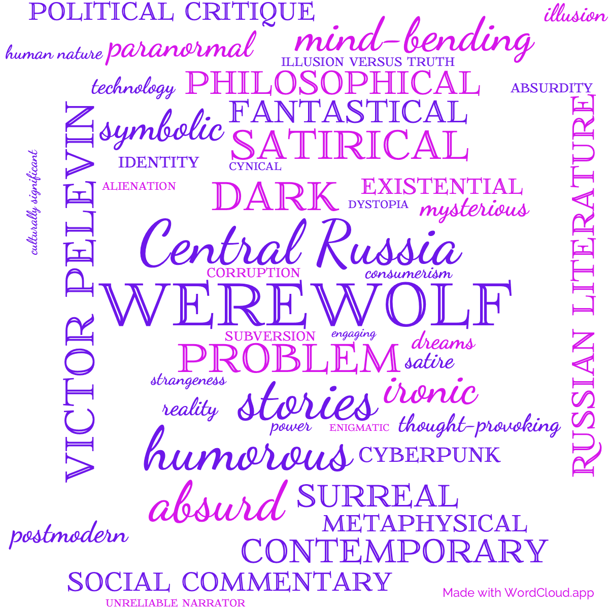 Word cloud of the book A Werewolf Problem in Central Russia and Other Stories with 47 words like werewolf, problem and Central Russia.