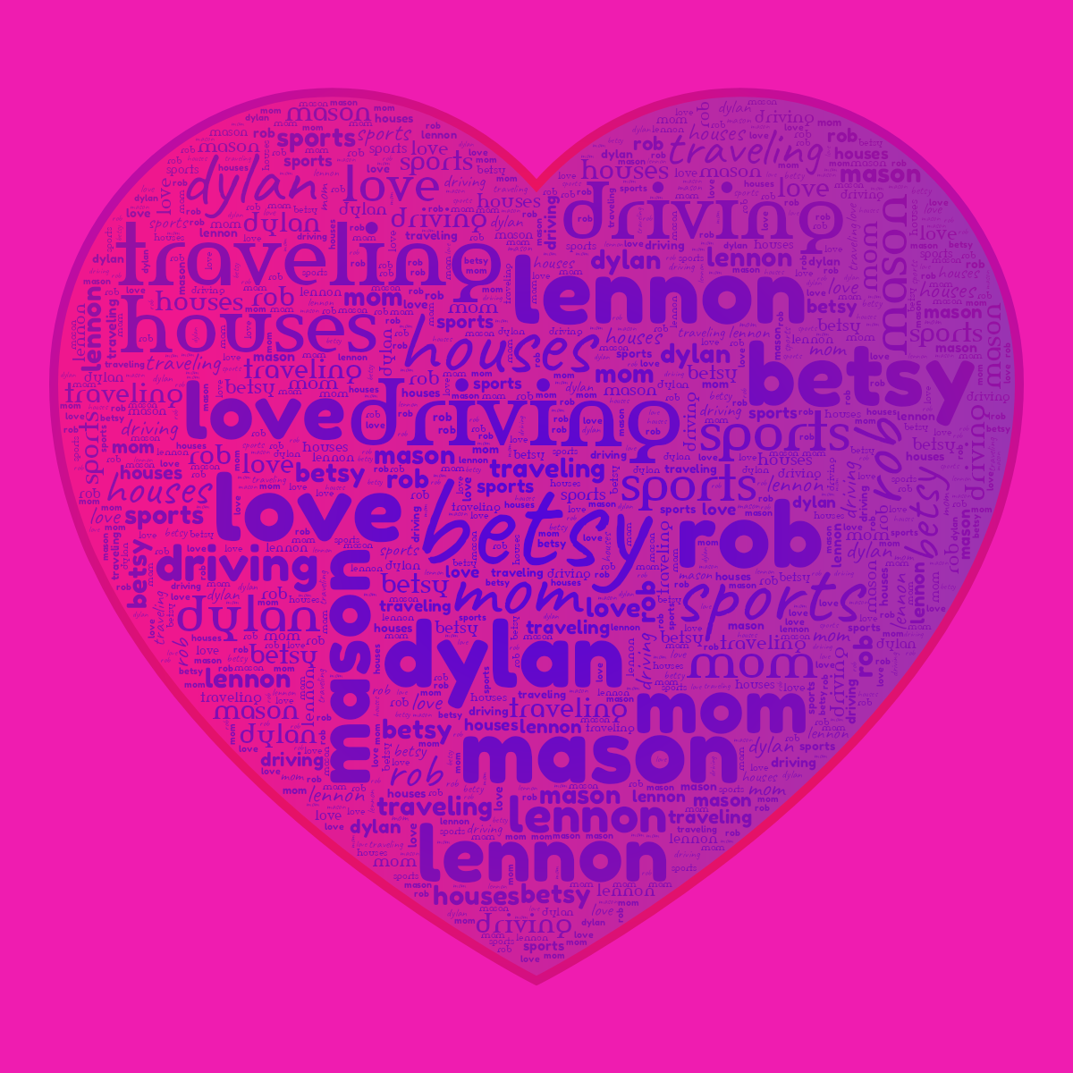 Word cloud in a Heart shape with 11 words like betsy, driving and dylan in purple and pink.