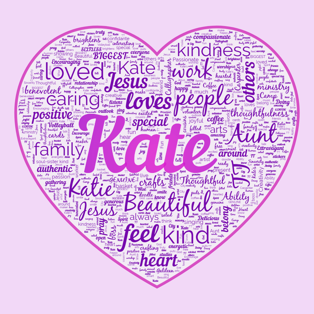 Word cloud in a Heart shape with 119 words like Beautiful, people and feel in purple.