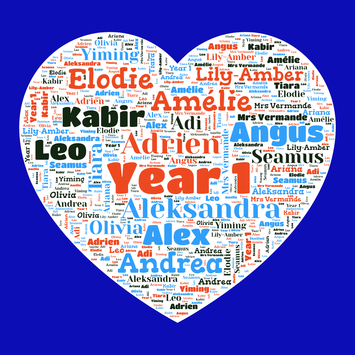 Word cloud in a Heart shape with 18 words like Year 1, Adrien and Aleksandra in multicolor.