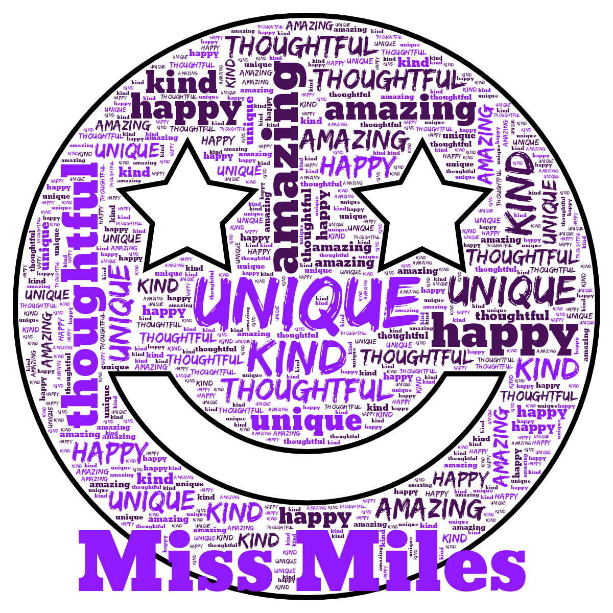 Word cloud in a Smiling Face Starry Eyes shape with 5 words like unique, kind and thoughtful in purple, white and black.