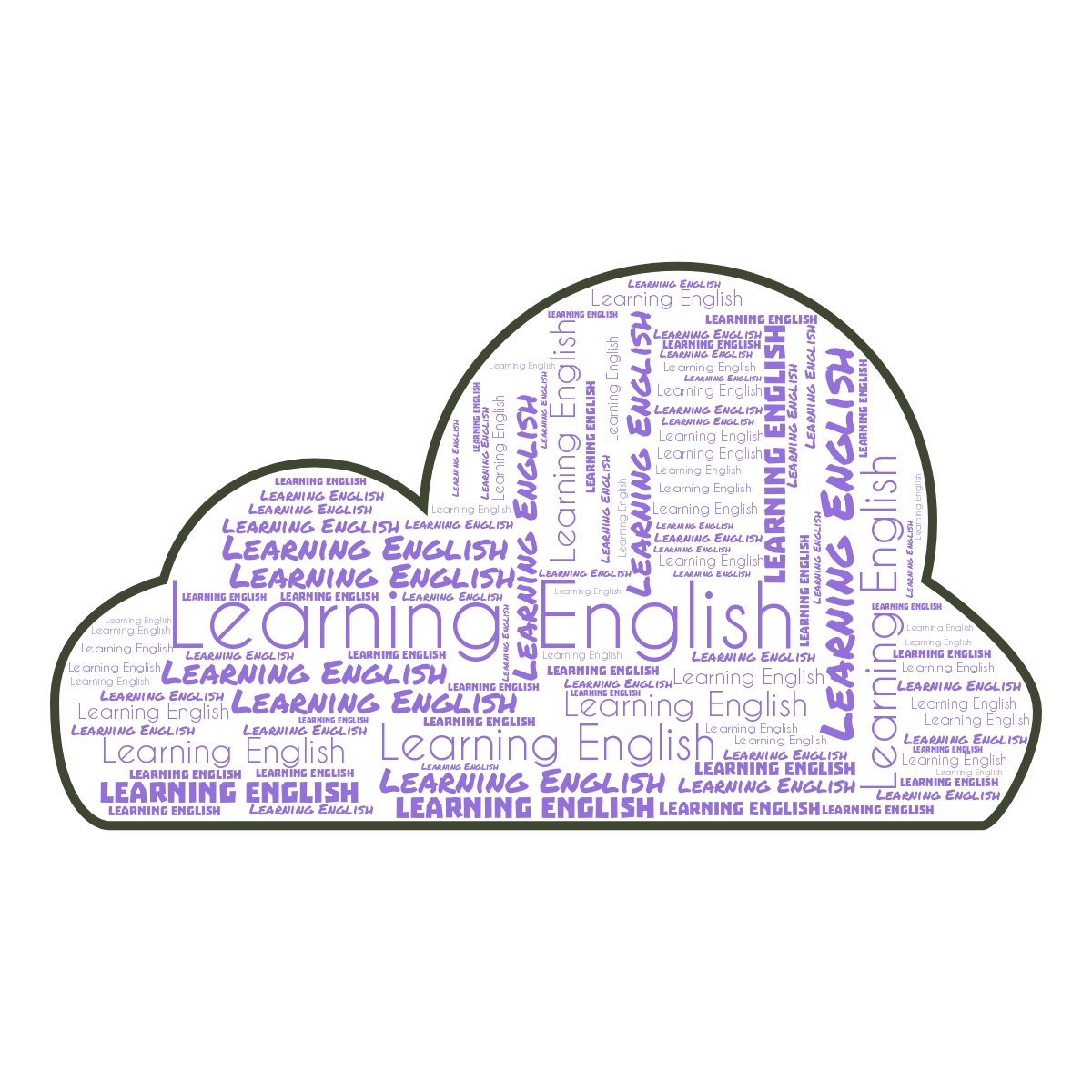 Word cloud in a Cloud shape with 1 repeated word Learning English in purple and green.