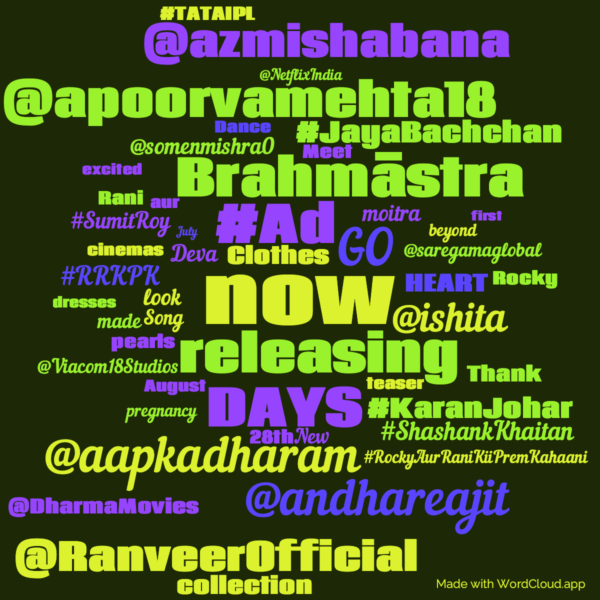 Word cloud with 50 words like now, releasing and #Ad in green, blue and purple.