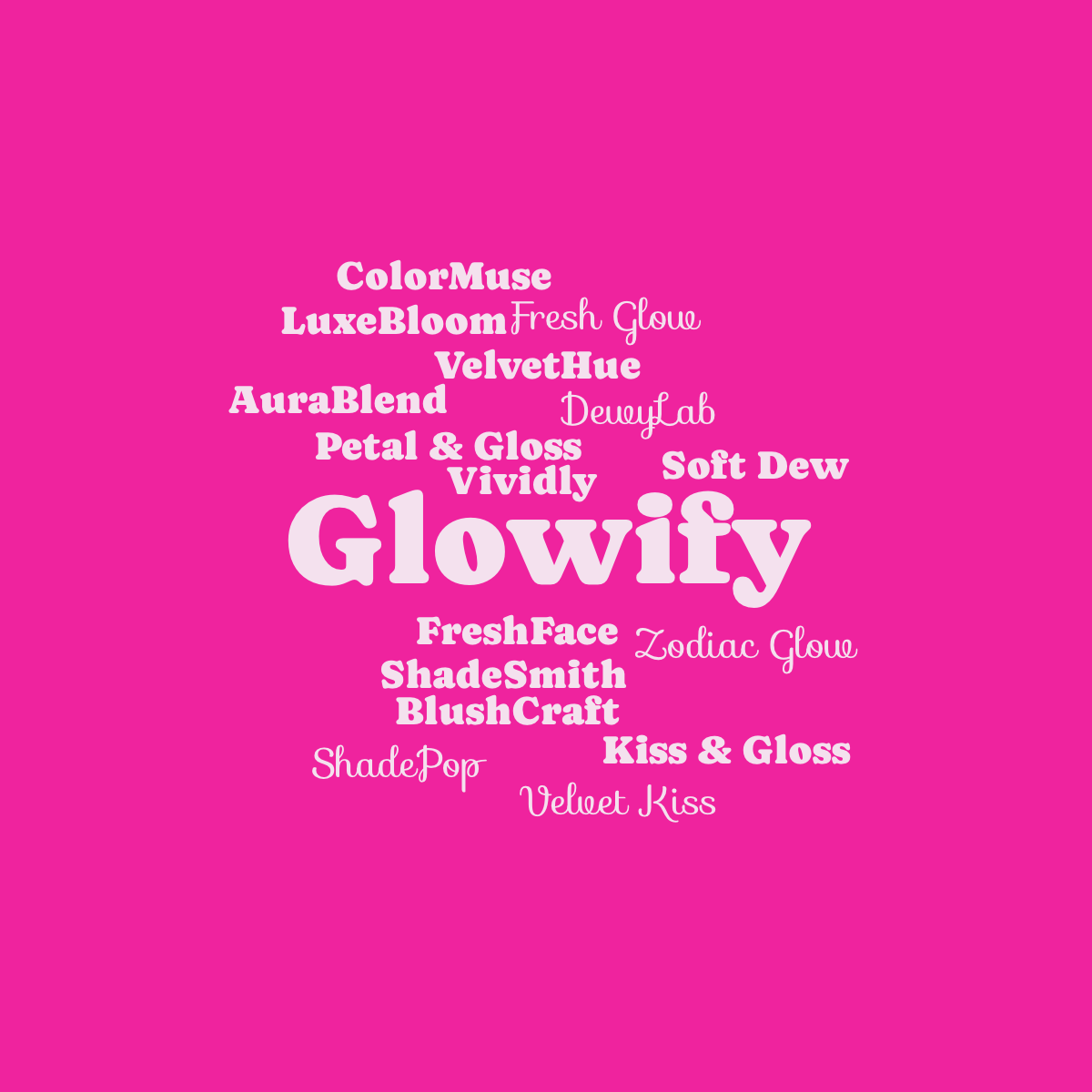 Collaborative word cloud with 17 words like Glowify, FreshFace and Vividly in purple and pink.