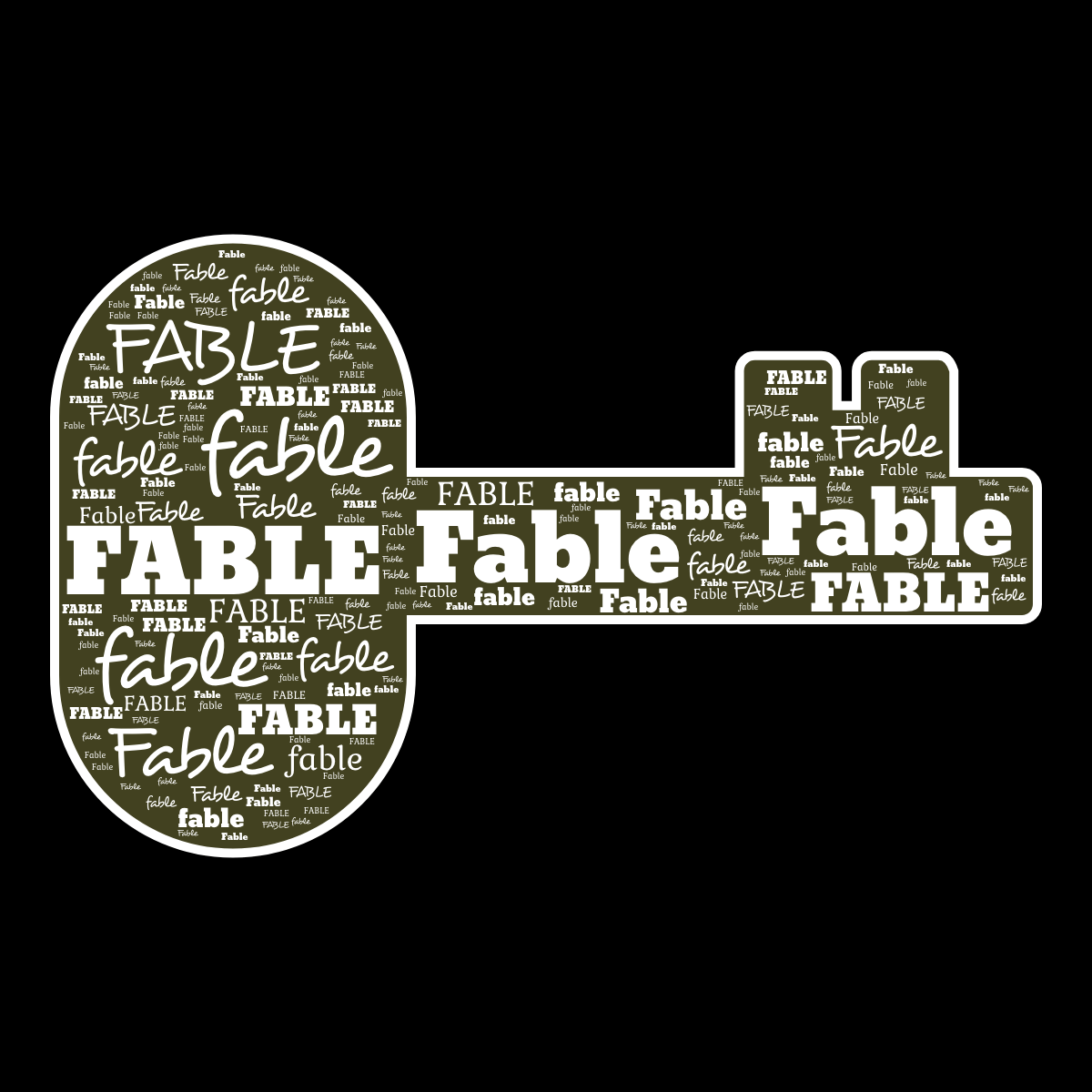 Word cloud in a Key shape with 3 repeated words like Fable, fable and FABLE in white, black and yellow.