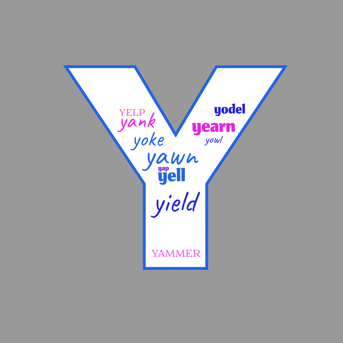 Word cloud in the shape of the letter Y with 11 words like yawn, yell and yearn in multicolor.