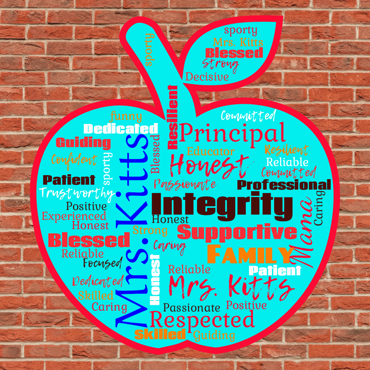 Word cloud in an Apple shape with 40 words like Principal , Integrity and Honest in multicolor.