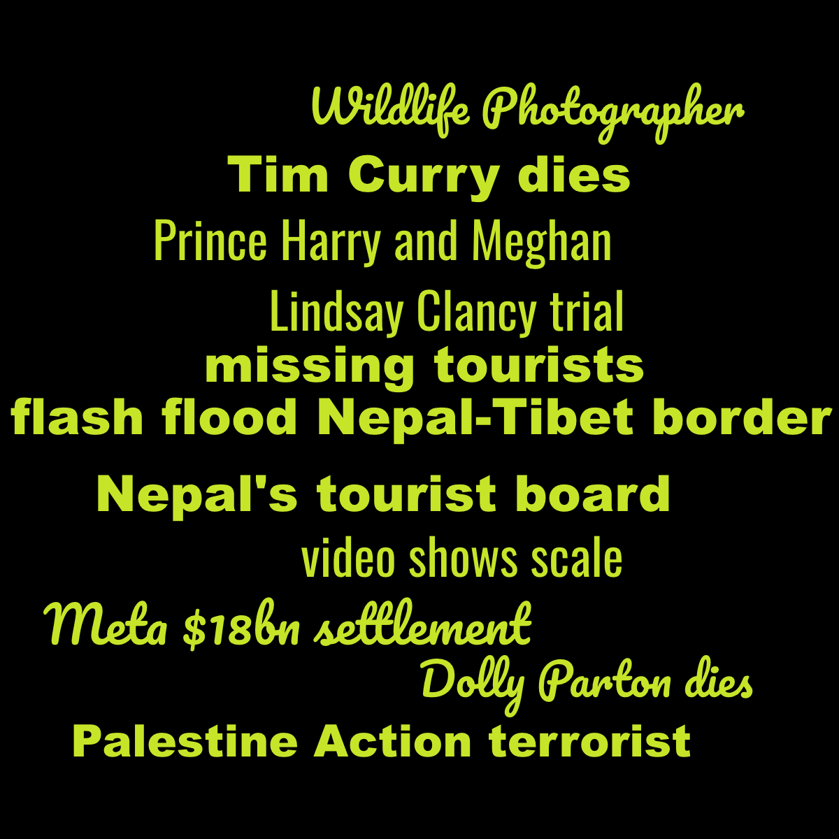 Word cloud with 25 words like flash flood Nepal-Tibet border, missing tourists and Nepal's tourist board in green and black.