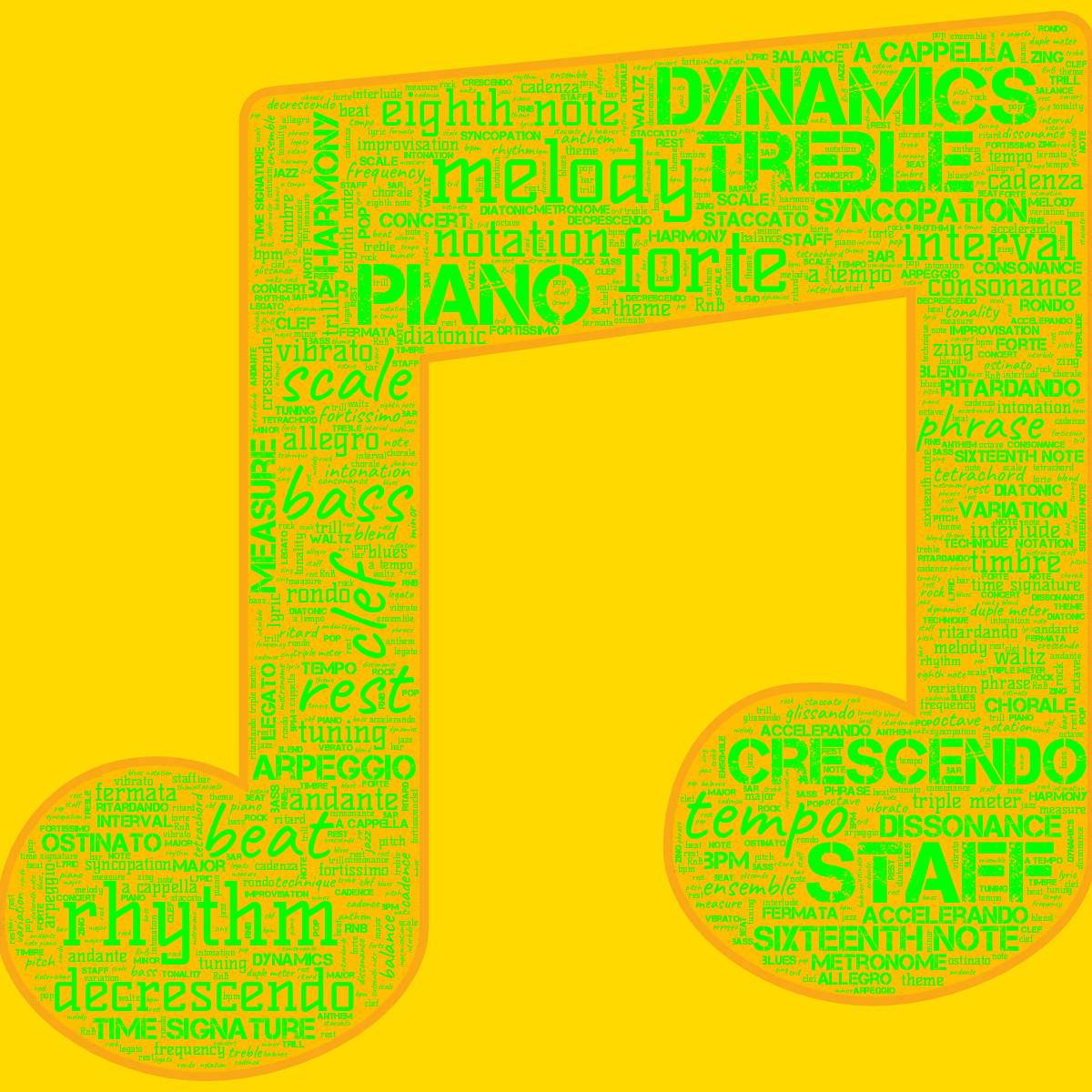 Word cloud in a Notes shape with 81 words like beat, piano and forte in bright green, yellow and orange.