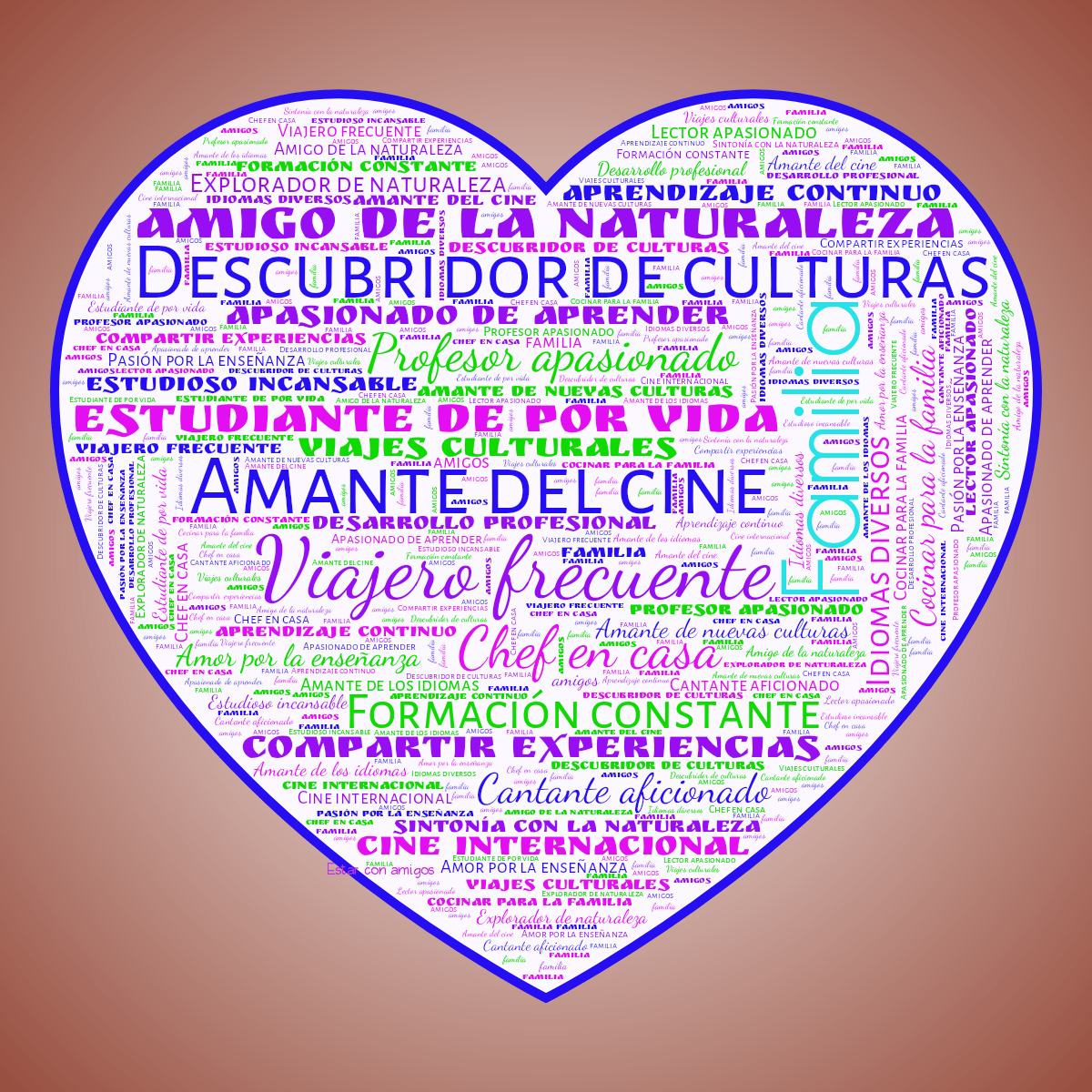 Word cloud in a Heart shape with 27 words like Amante del cine, Viajero frecuente and Descubridor de culturas in multicolor.