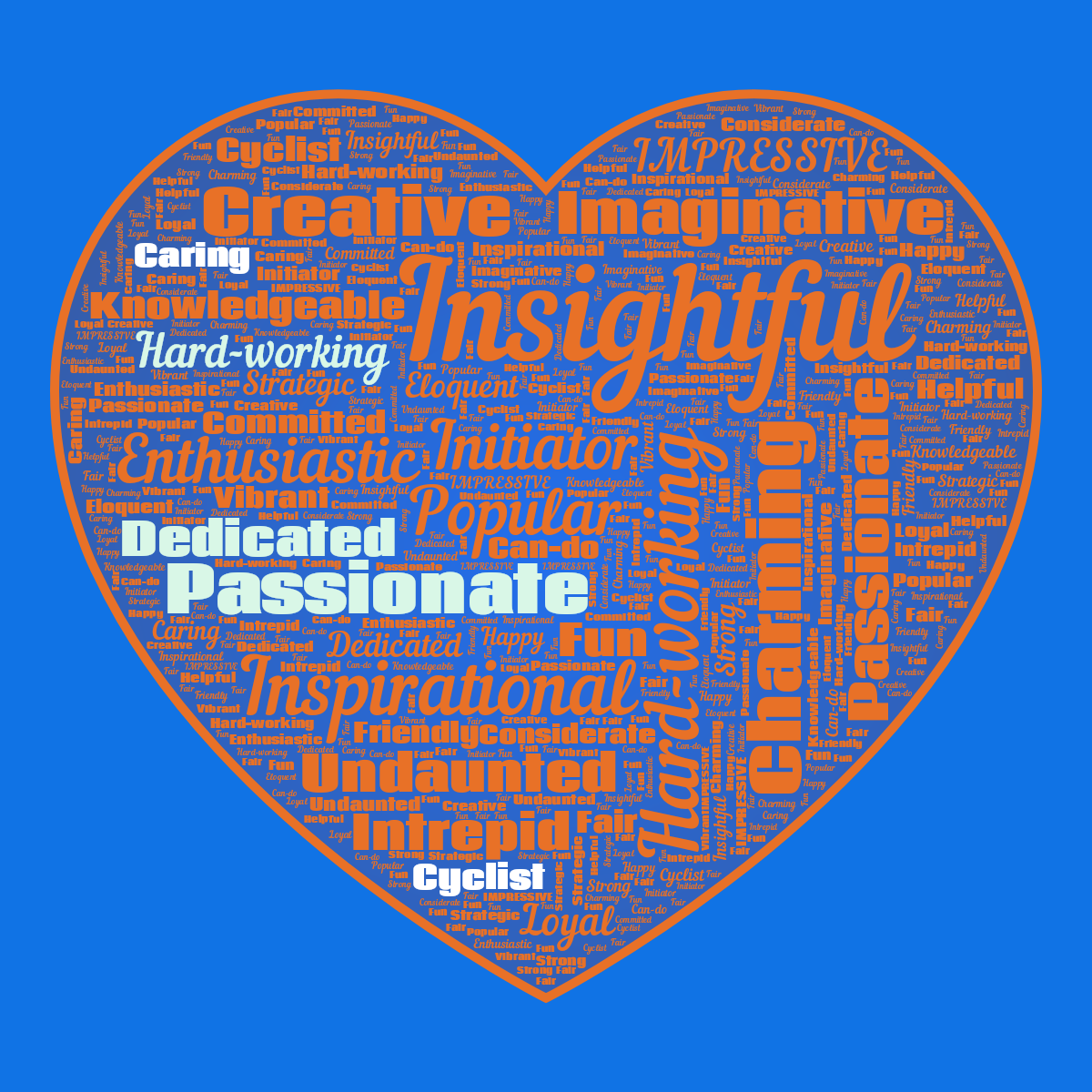 Word cloud in a Heart shape with 30 words like Insightful, Hard-working and Inspirational in orange and blue.
