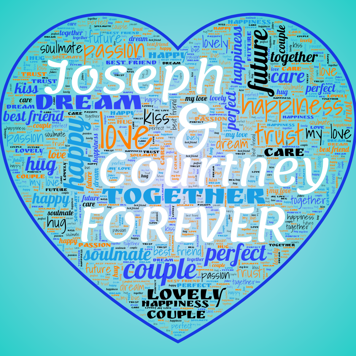 Word cloud in a Heart shape with 17 words like love, couple and together in orange, black and blue.