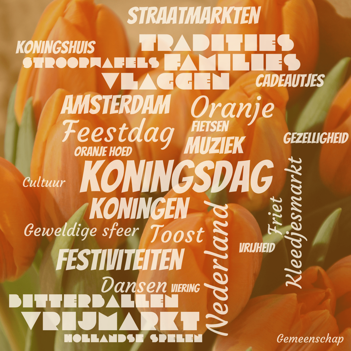 Word cloud with 30 words like Koningsdag, Nederland and Koningen in light orange.