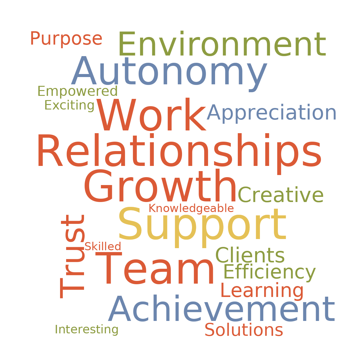 Word cloud with 21 words like Relationships, Growth and Support in multicolor.