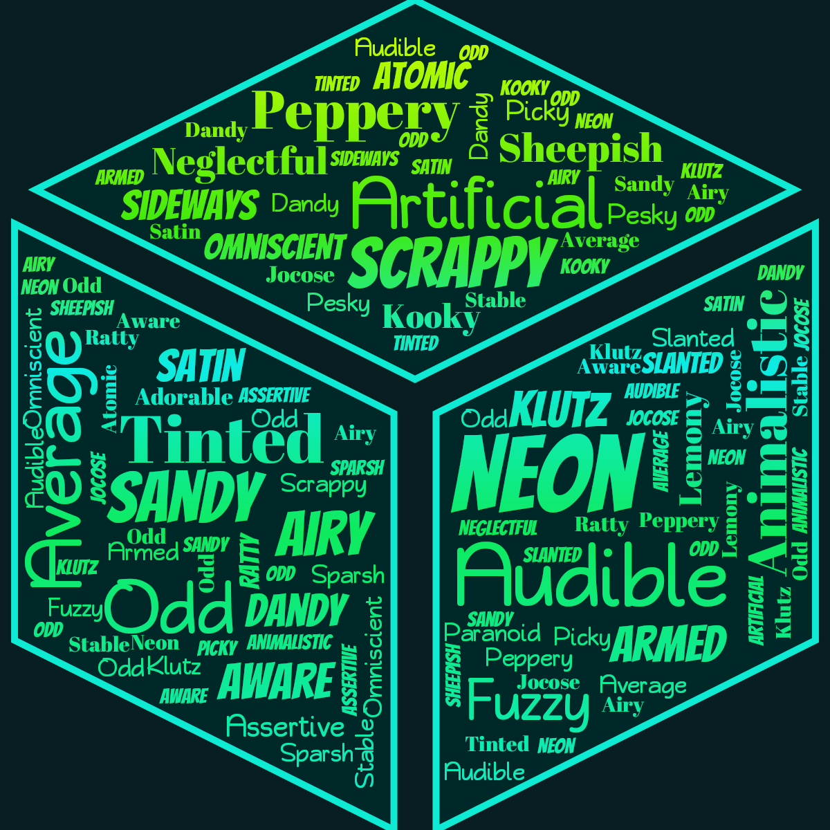 Word cloud in a Cube shape with 35 words like Neon, Audible and Scrappy in blue and green.