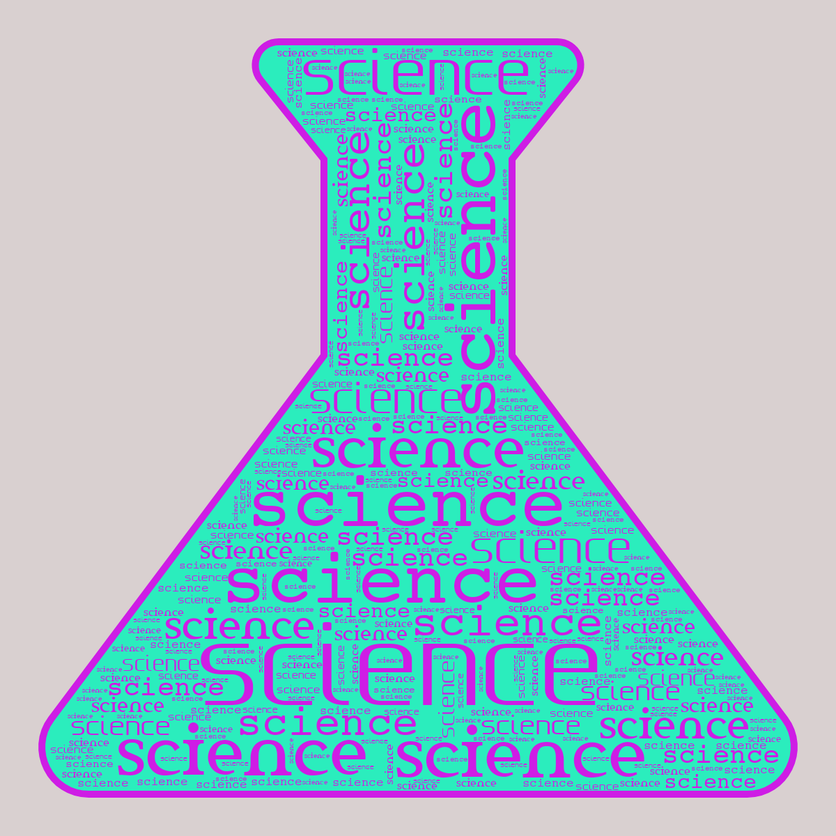 Word cloud in a Lab Bottle shape with 1 repeated word science in purple, red and green.