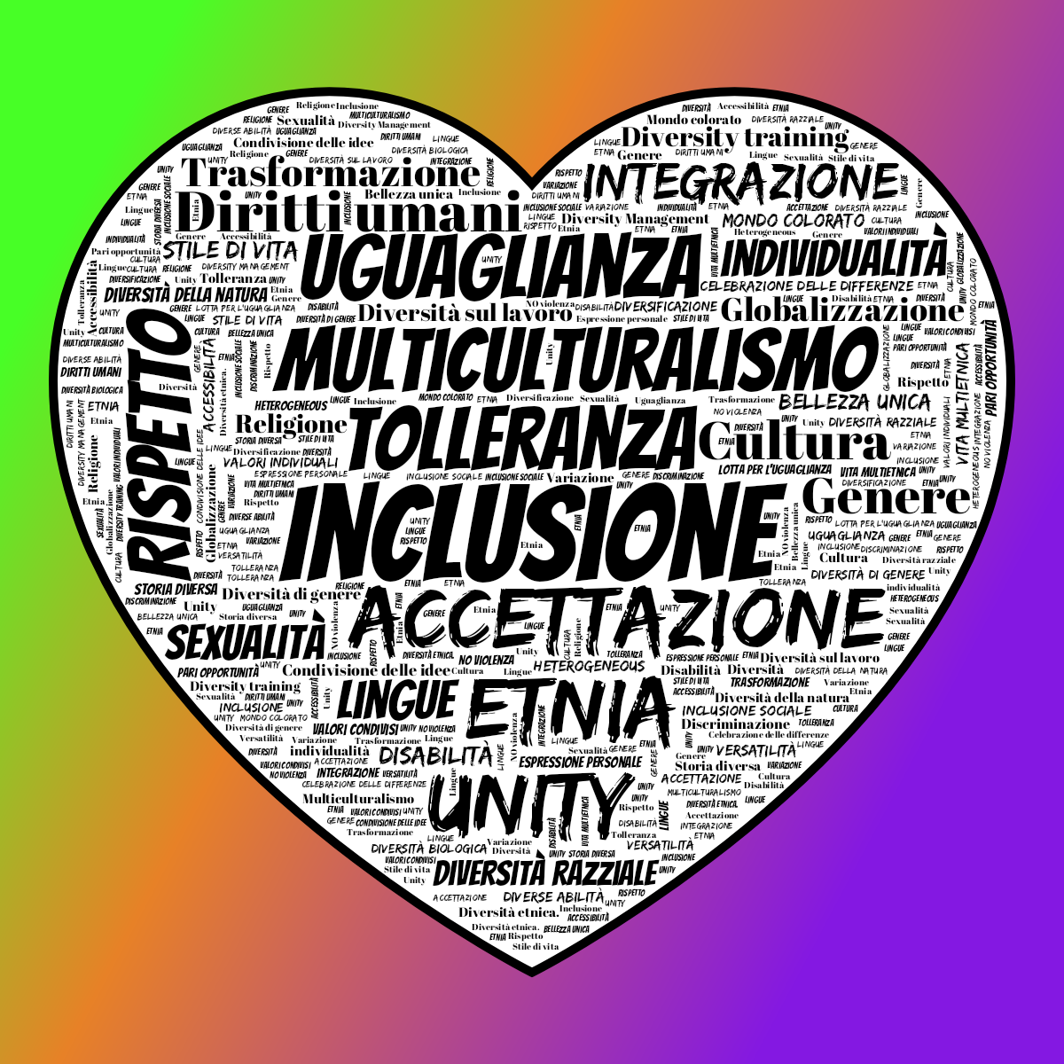 Word cloud in a Heart shape with 49 words like Inclusione, Accettazione and Tolleranza in multicolor.