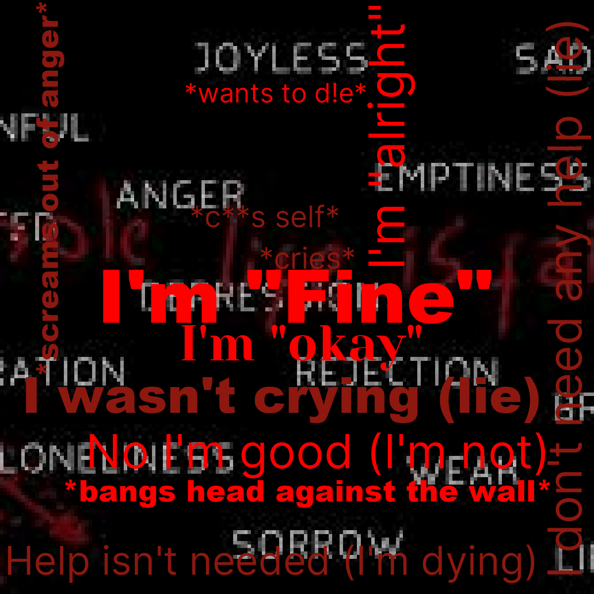 Word cloud with 12 words like I'm "Fine", I'm "okay" and I'm "alright" in red.