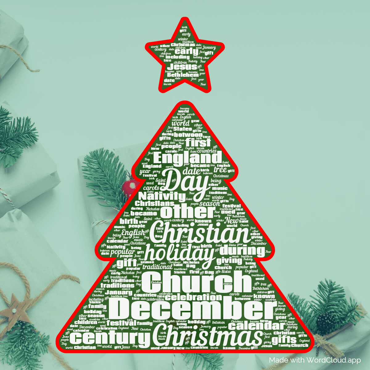Word cloud in a Christmas Tree shape with 50 words like Christmas, Day and Christian in white, green and red.