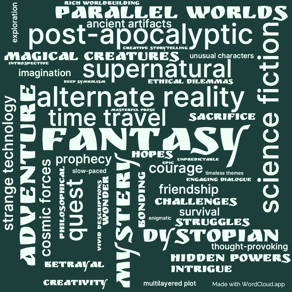 Word cloud of the book Fellowship of the Talisman with 48 words like fantasy, adventure and science fiction.