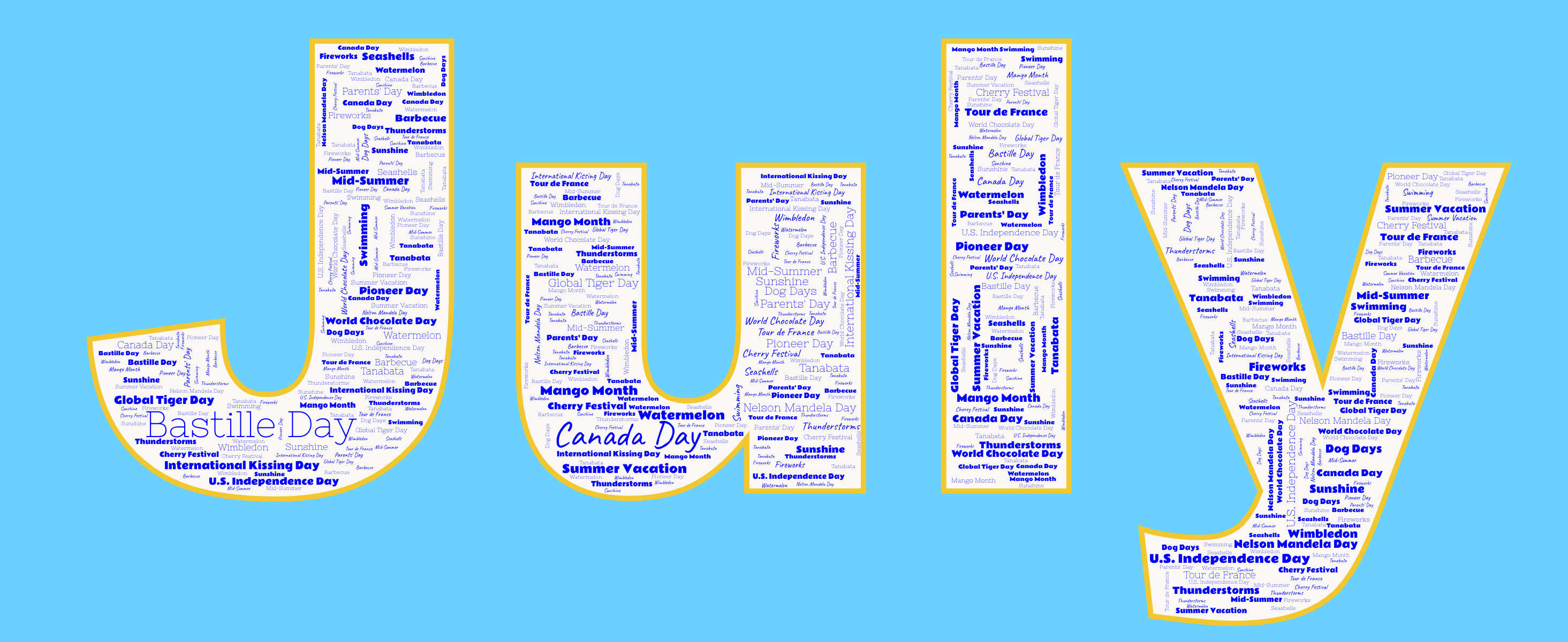 Word cloud in the shape of the word July with 24 words like Bastille Day, Canada Day and U.S. Independence Day in blue, orange and yellow.