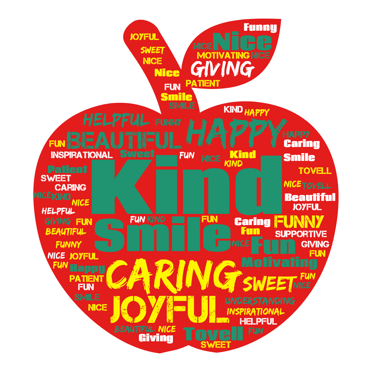 Word cloud in an Apple shape with 18 words like Kind, Caring and Smile in multicolor.