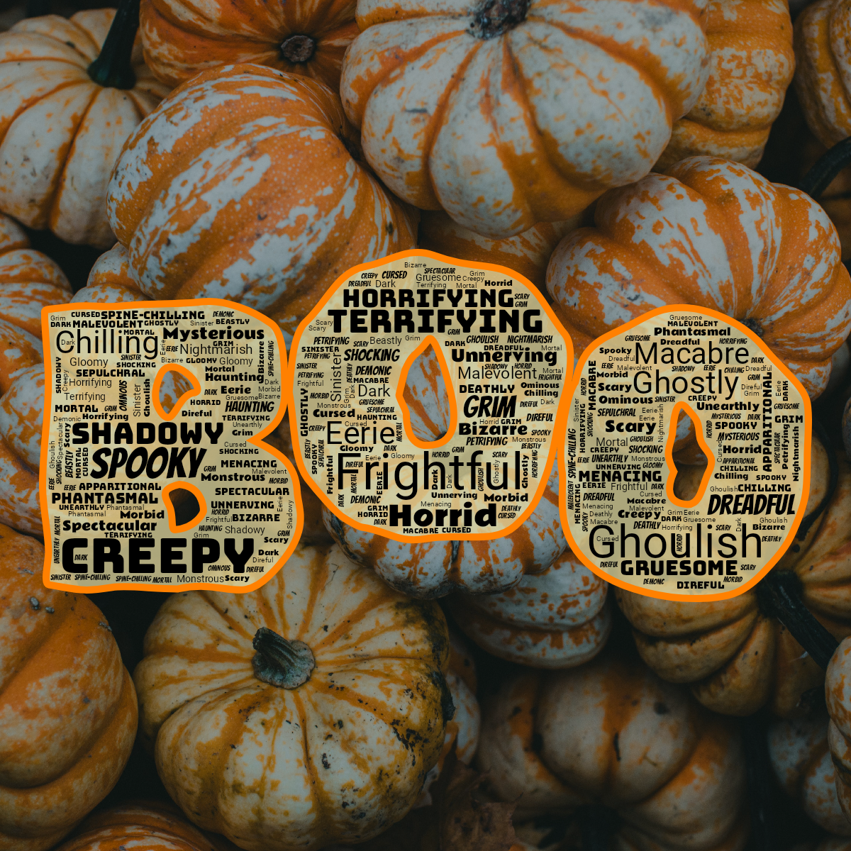Word cloud in a Boo shape with 43 words like Frightful, Creepy and Ghoulish in black, yellow and orange.