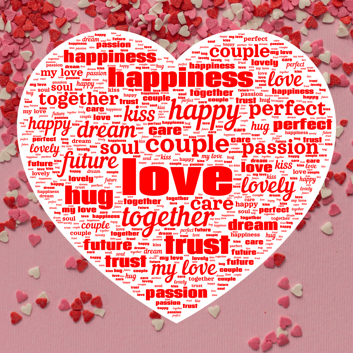 Word cloud in a Heart shape with 16 words like love, couple and together in red and white.