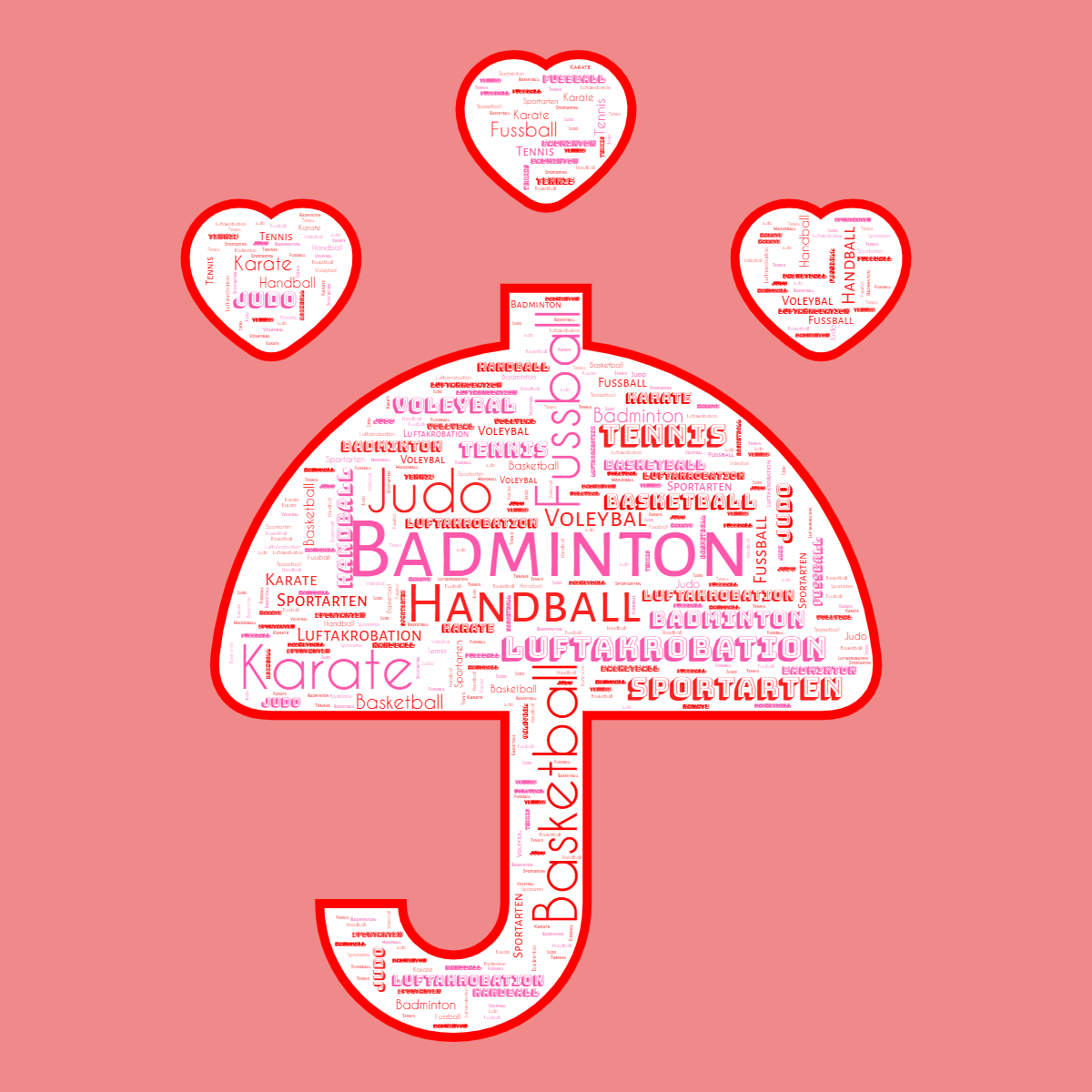 Word cloud in an Umbrella shape with 10 words like Badminton, Basketball and Fussball in multicolor.