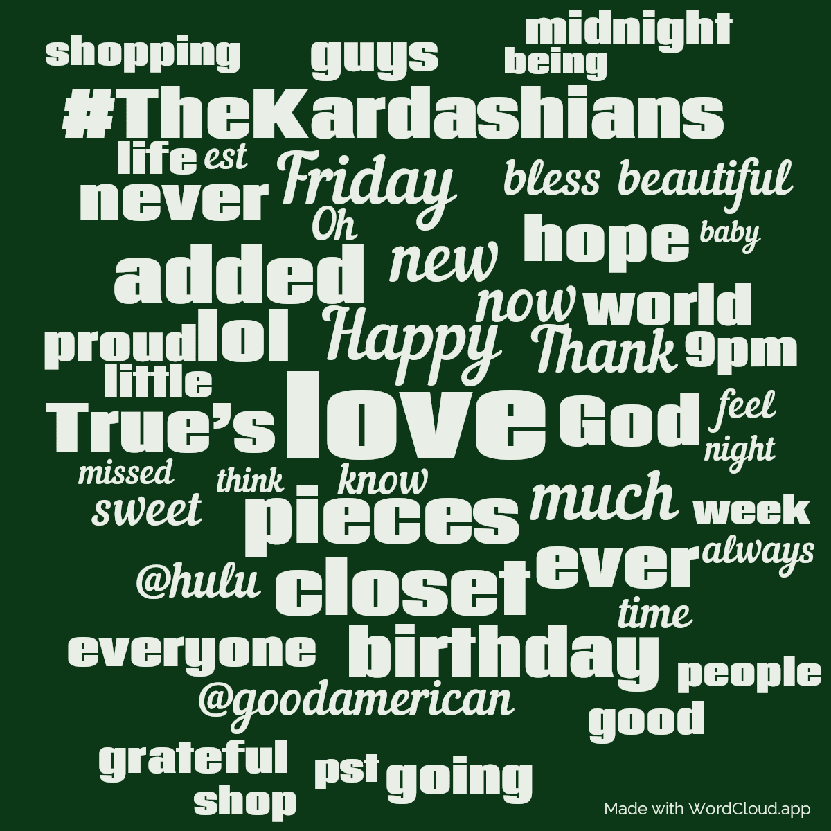 Word cloud with 50 words like love, Happy and pieces in green.