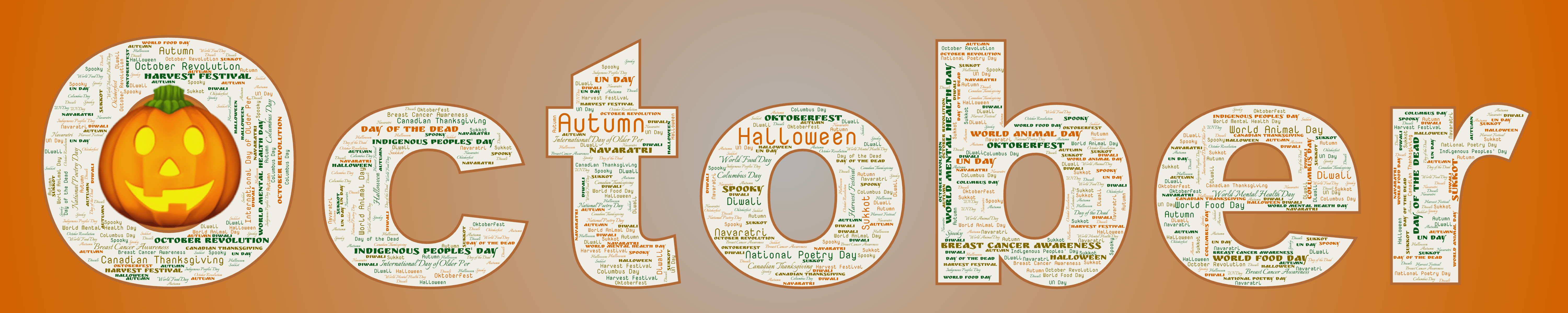 Word cloud in the shape of the word October with 20 words like Autumn, Halloween and Breast Cancer Awareness in multicolor.
