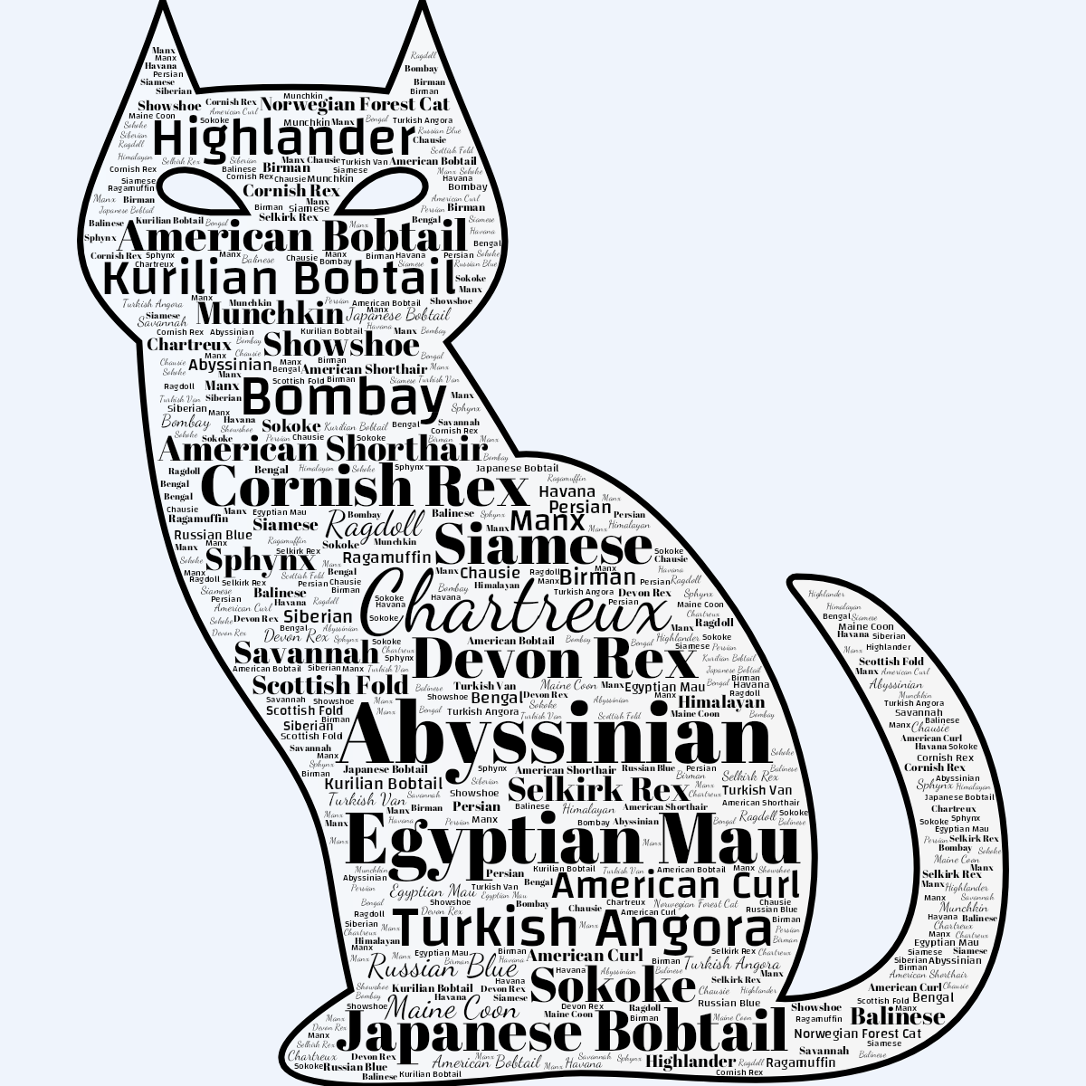 Word cloud in a Cat shape with 36 words like Abyssinian, Chartreux and Egyptian Mau in black, blue and gray.