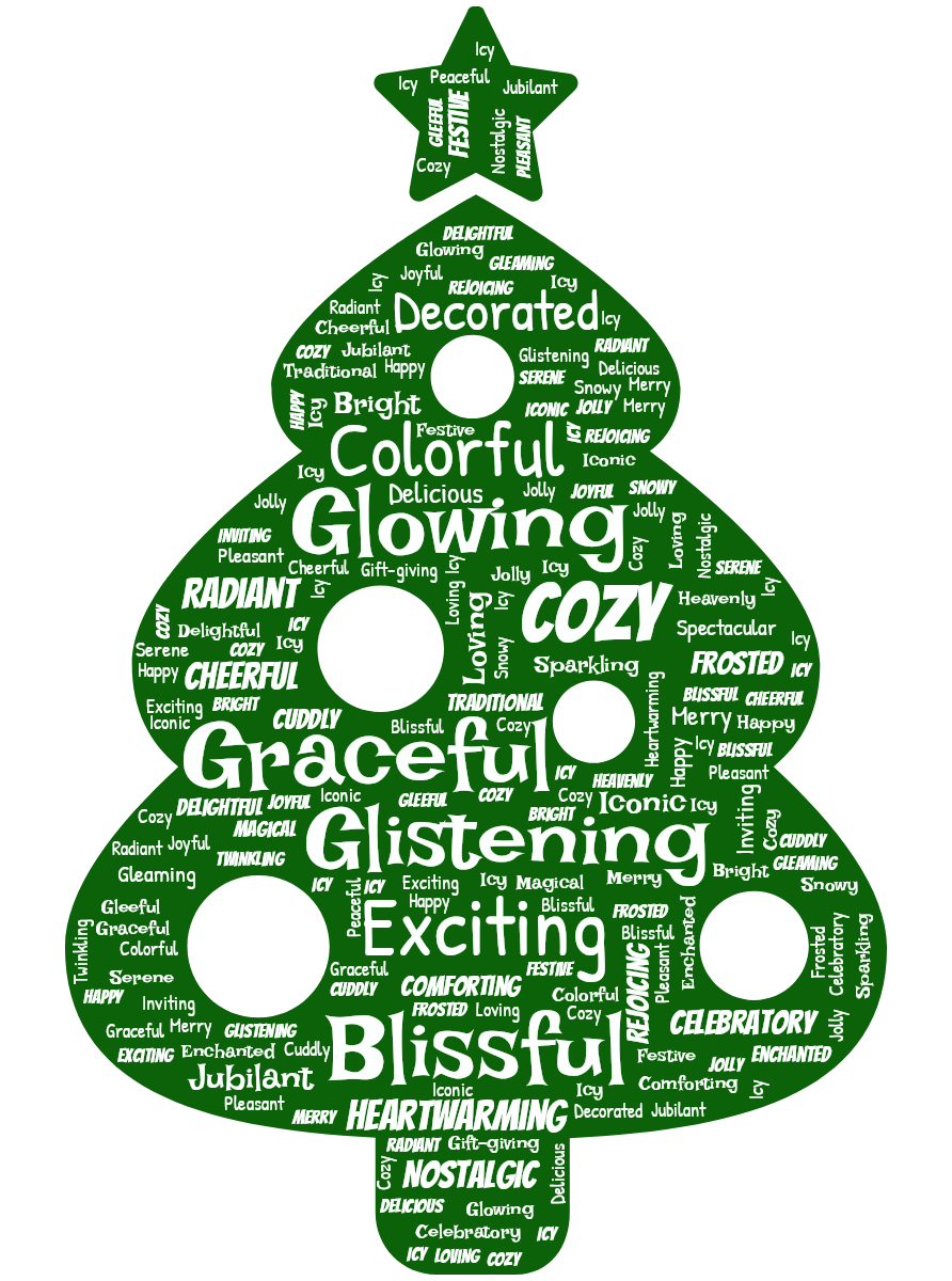 Word cloud in a Christmas Tree shape with 44 words like Festive, Joyful and Magical in white and green.