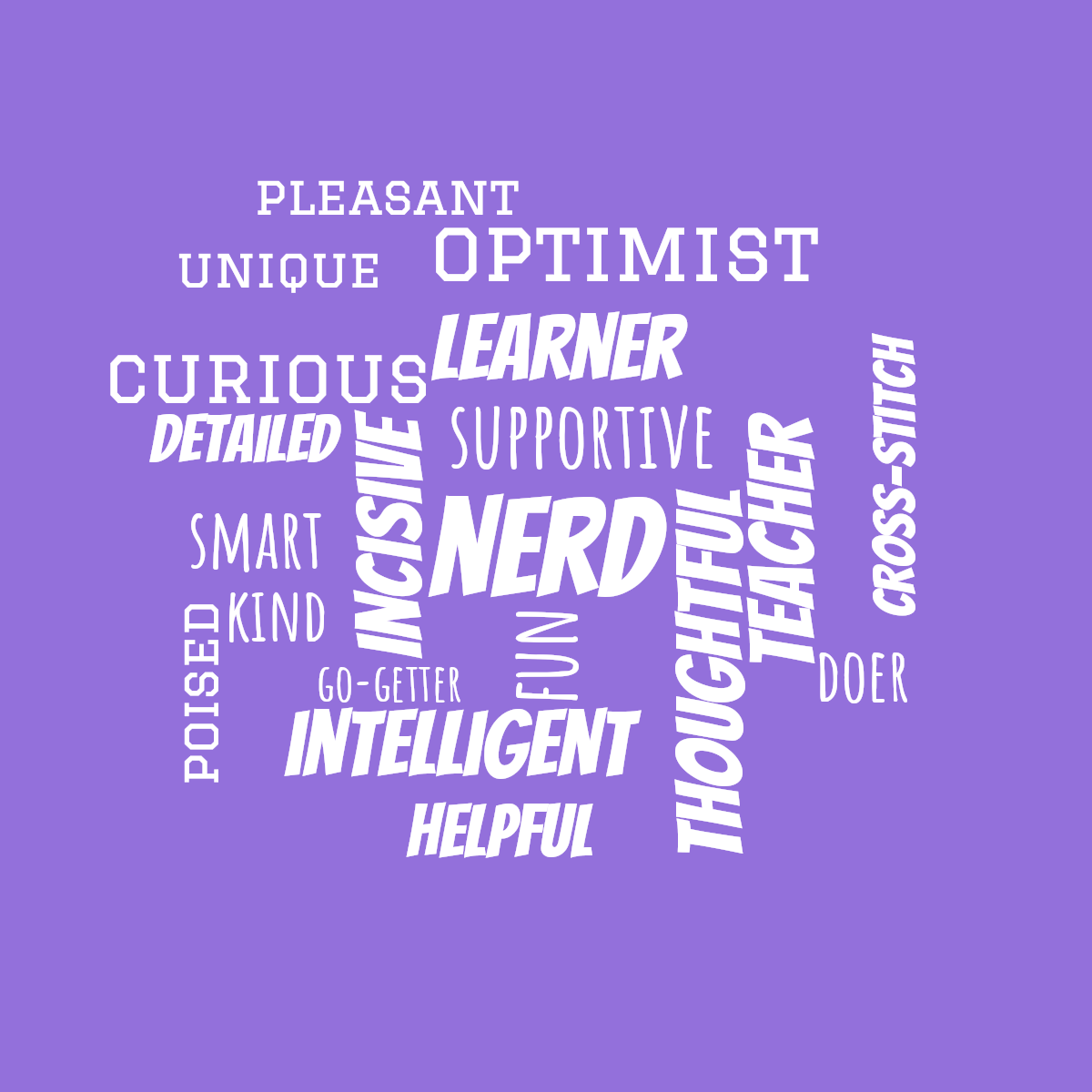 Word cloud with 20 words like nerd, fun and incisive in white and purple.