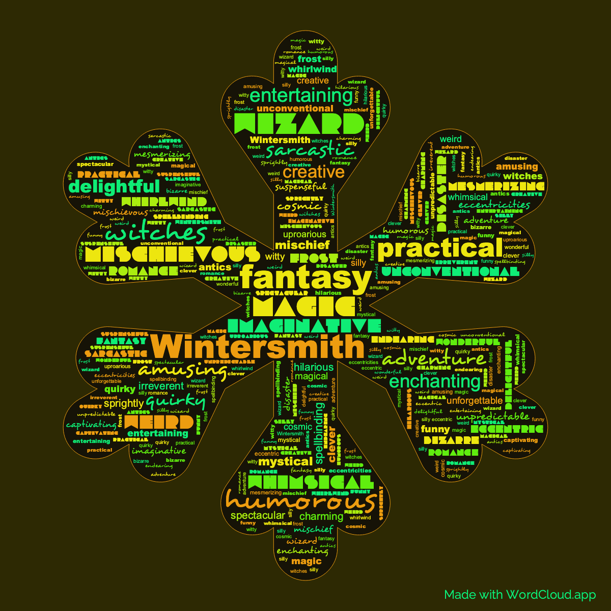 Word cloud of the book Wintersmith in a Snowflake shape with 50 words like Wintersmith, fantasy and humorous.