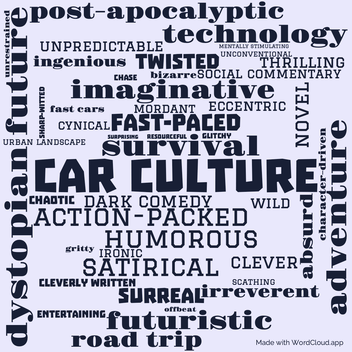 Word cloud of the book Carhunters of the Concrete Prairie with 47 words like car culture, dystopian future and adventure.