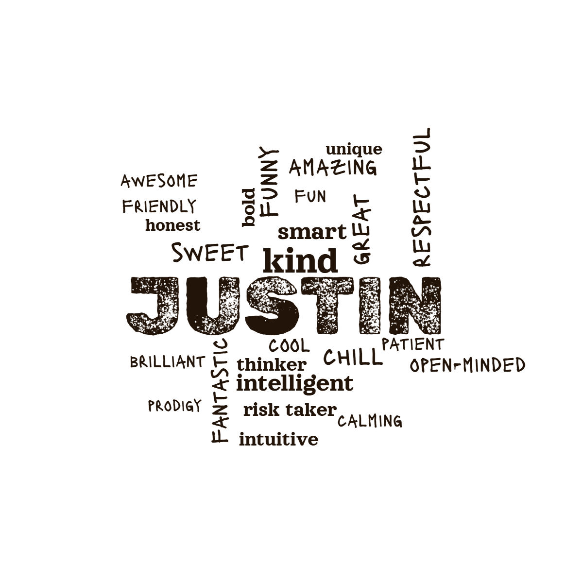 Word cloud with 25 words like kind, smart and chill in brown and white.