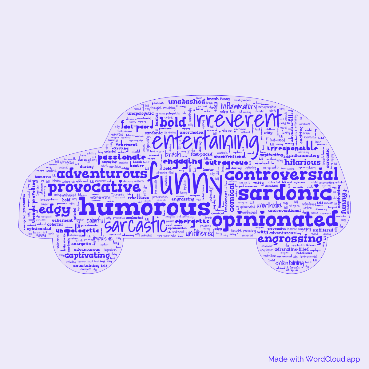 Word cloud of the book Driven to Distraction in a Car shape with 39 words like funny, entertaining and humorous.