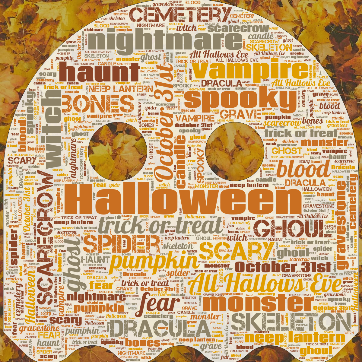 Word cloud in a Pacman Ghost shape with 26 words like Halloween, October 31st and trick or treat in multicolor.