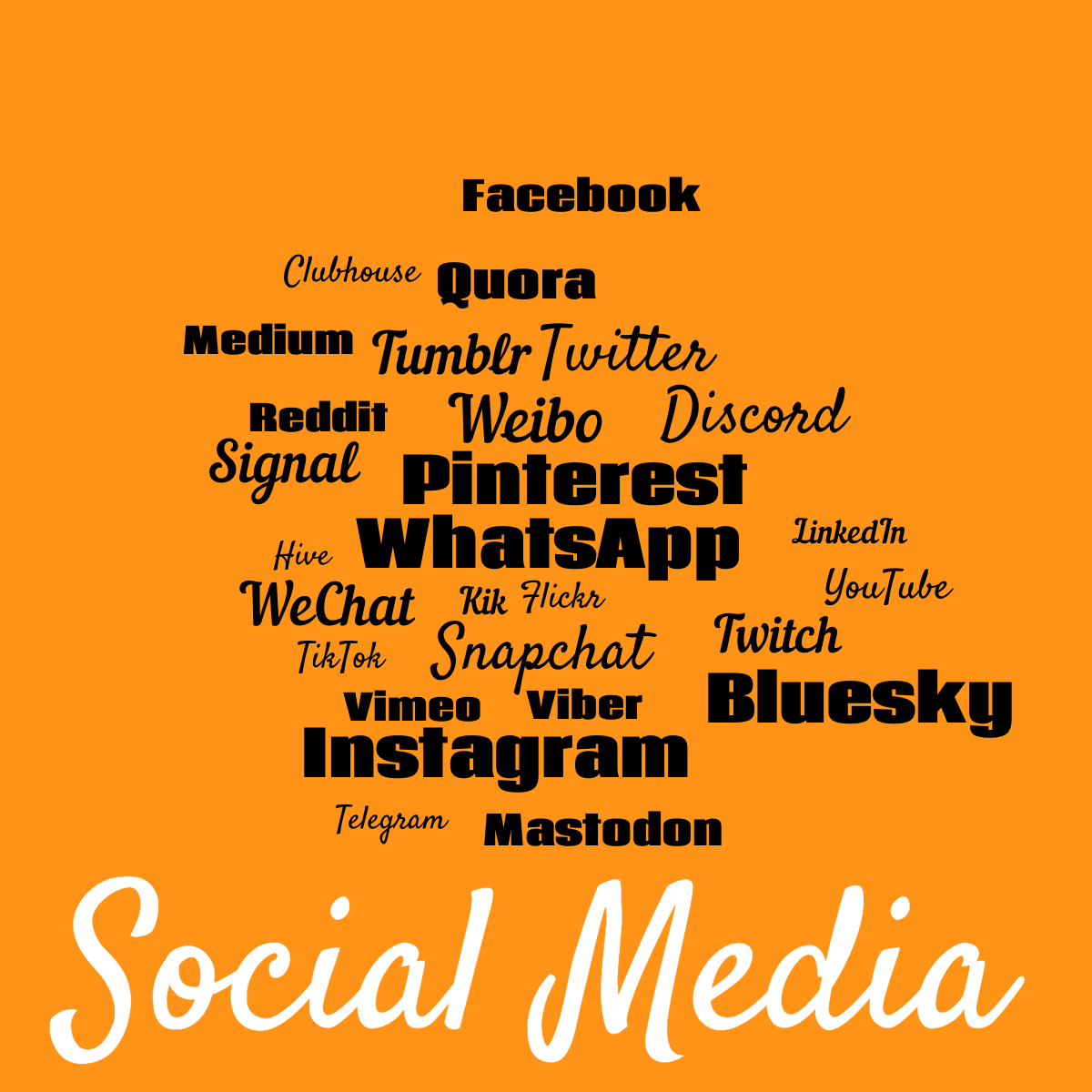 Word cloud with 27 words like Facebook, Twitter and Bluesky in black and orange.