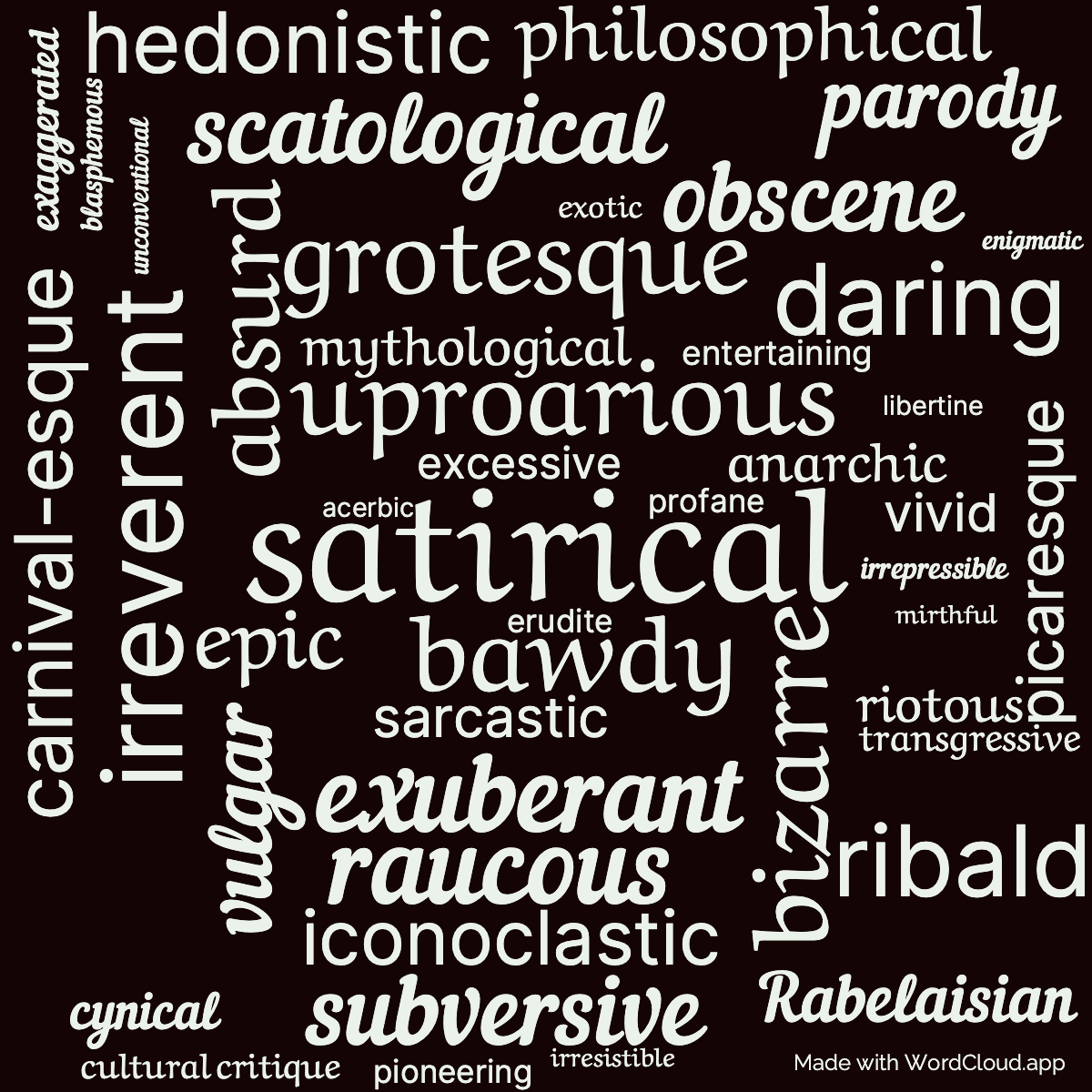 Word cloud of the book Gargantua and Pantagruel with 46 words like satirical, uproarious and bawdy.