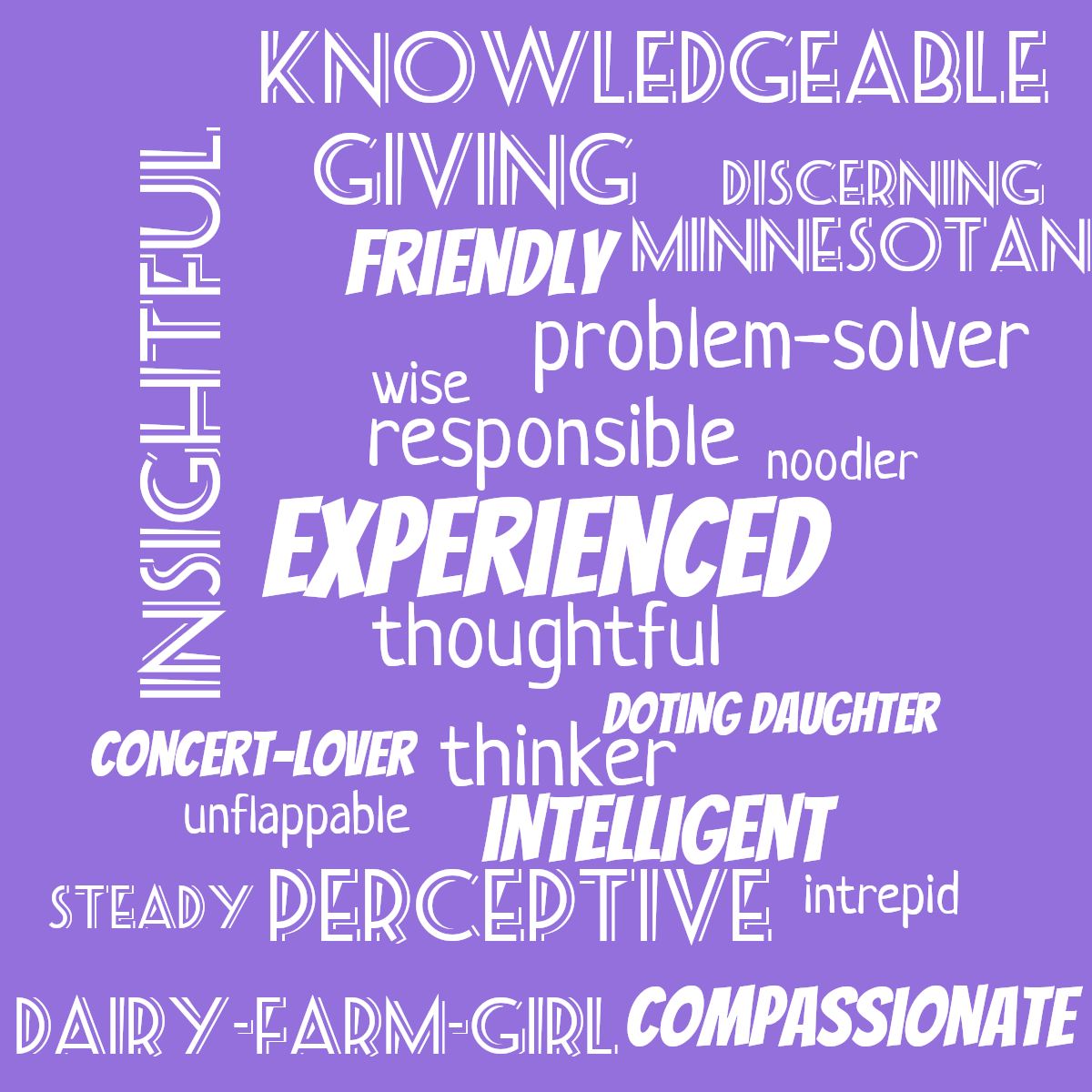 Word cloud with 22 words like experienced, responsible and thoughtful in white and purple.