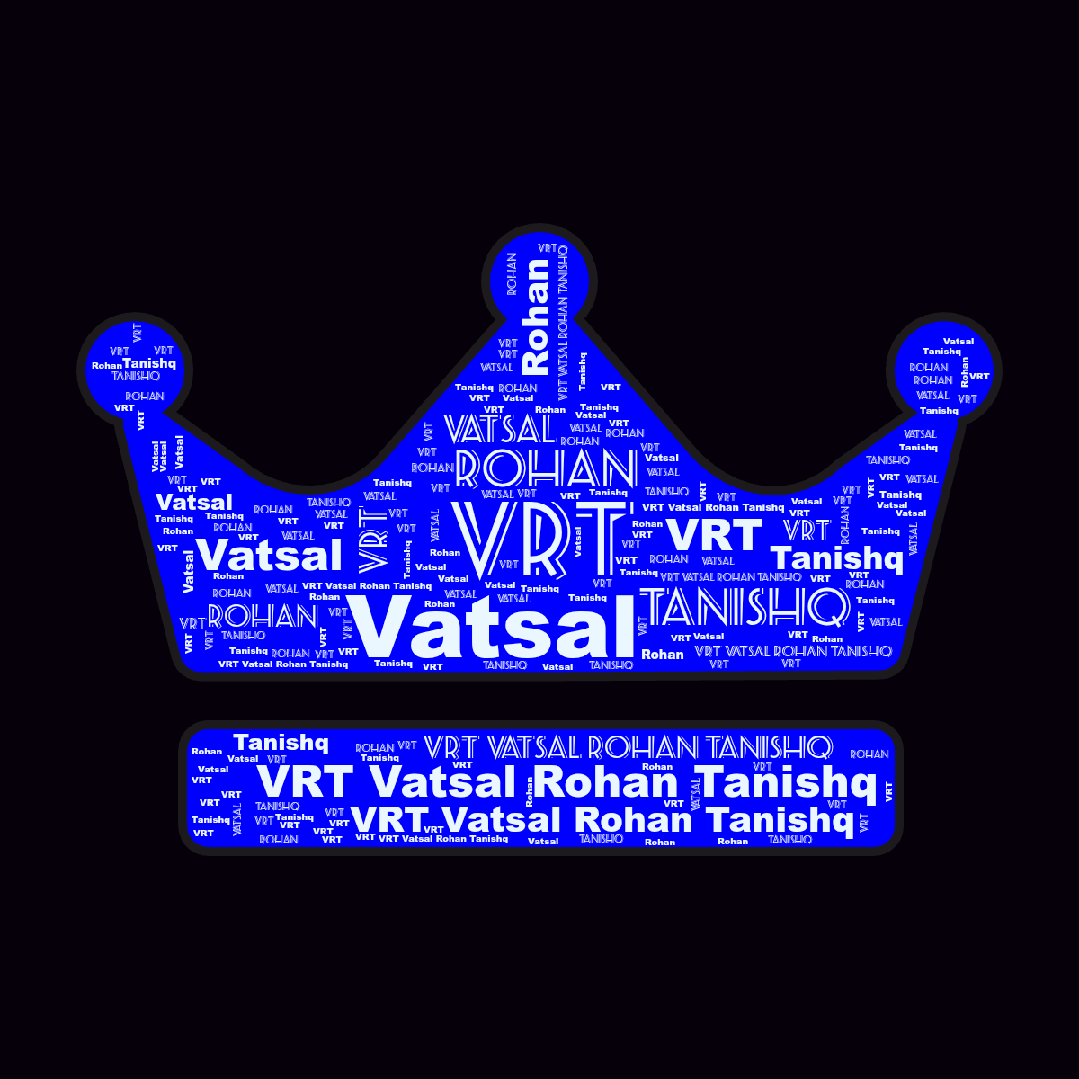 Word cloud in a Crown shape with 5 words like VRT Vatsal Rohan Tanishq, VRT and Tanishq in blue, black and gray.