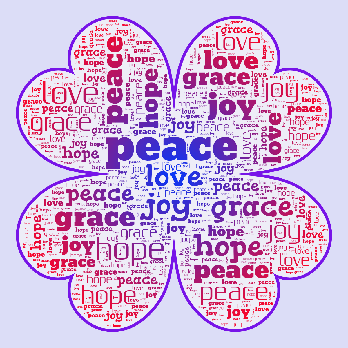 Word cloud in a Clover Leaf shape with 5 words like peace, love and joy in blue, red and purple.