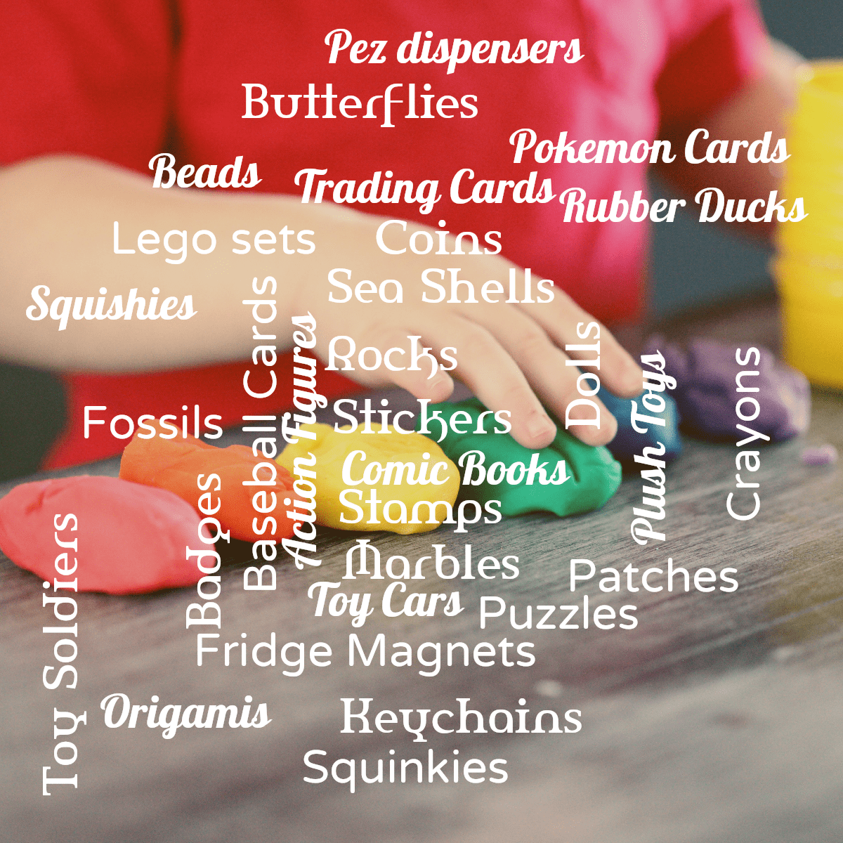 Word cloud with 34 words like Stickers, Action Figures and Comic Books in white.